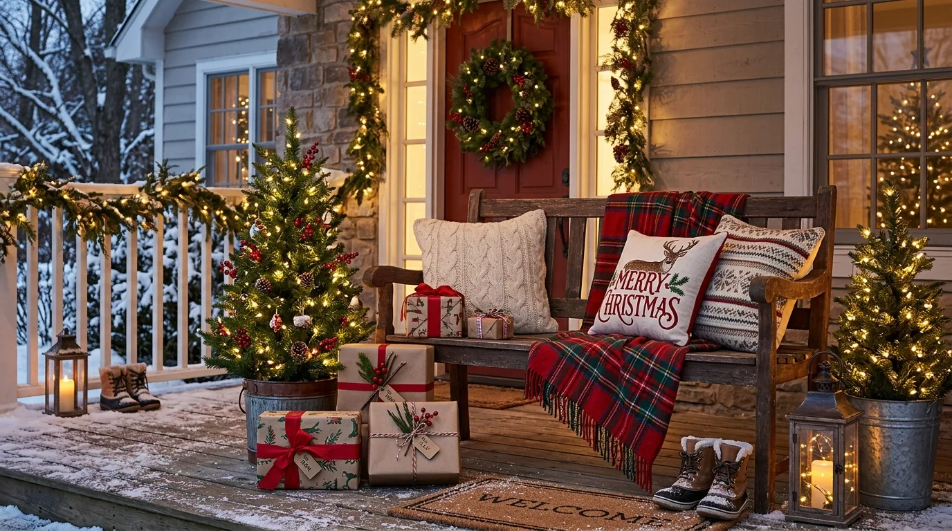 Let the doormat support the holiday welcome naturally inspiration for a Christmas porch.